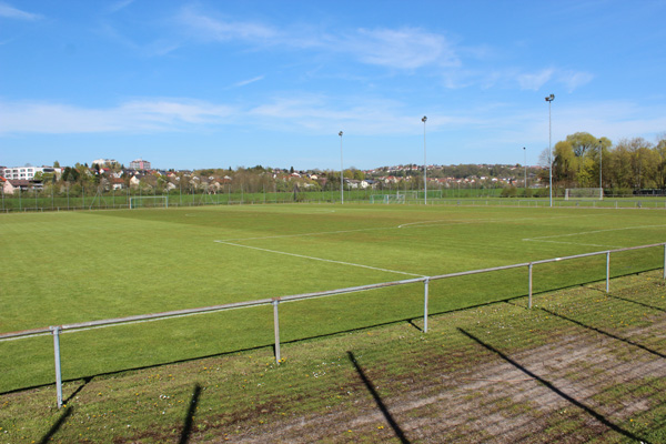 Blick von Süden auf die beiden Rasenplätze 3 und 4