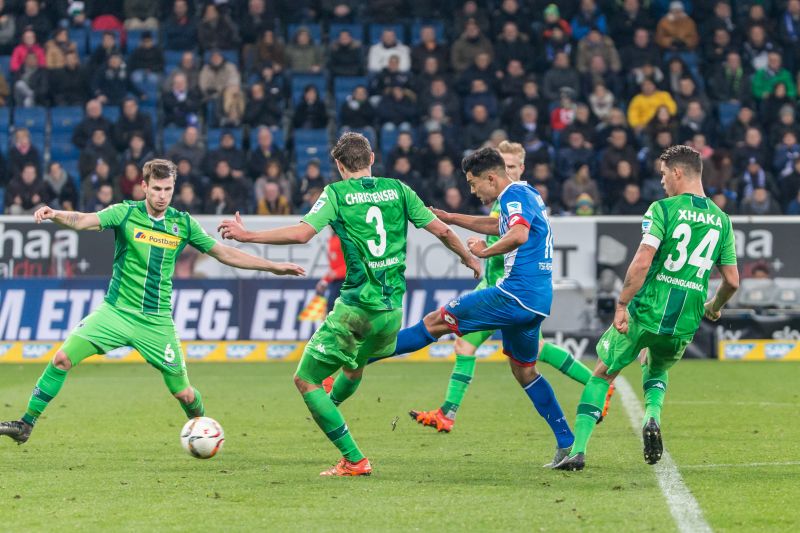 Håvard Nordtveit (li.) noch im Trikot von Bor. Mönchengladbach bei seinem letzten Gastspiel am 28.11.2015 in Sinsheim