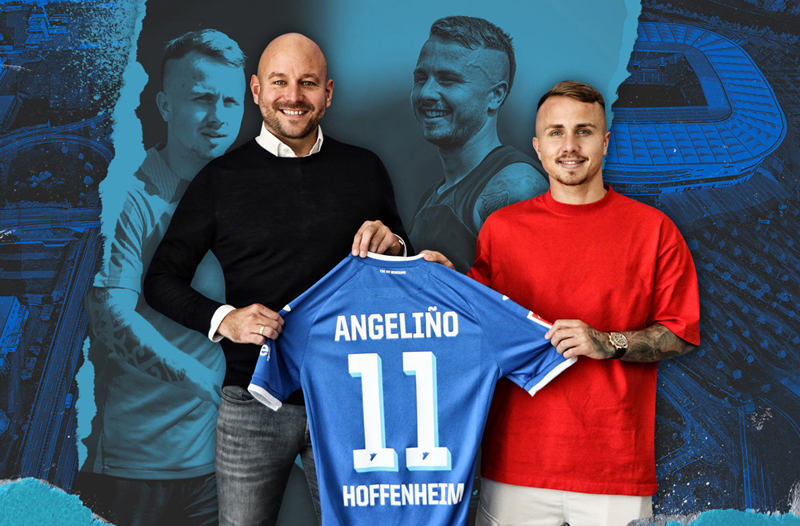 Alexander Rosen (li.) präsentiert Neuzugang Angeliño mit der Rückennumer 11