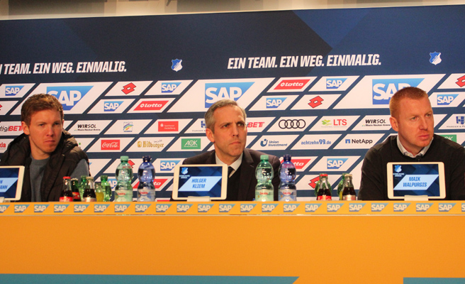 Von links: Julian Nagelsmann, Pressesprecher Holger Kliem und Maik Walpurgis